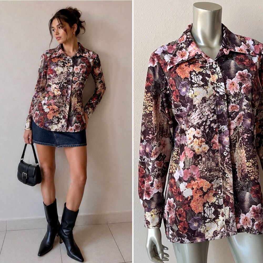 Vintage Floral Photo Print Blouse Shirt Large Button Up Top Autumn Boho 70s